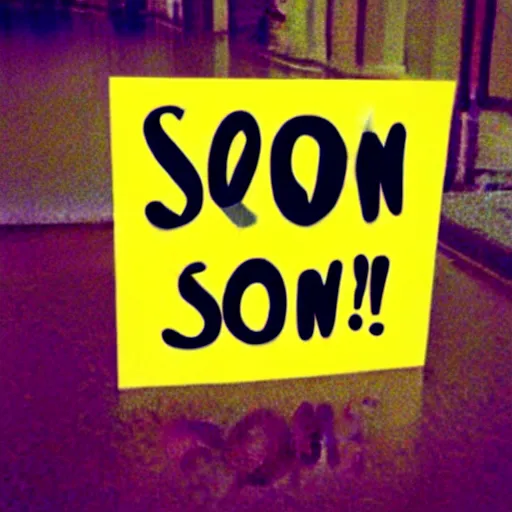 Prompt: a sign that says soon!!!!!!!!