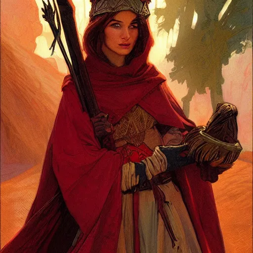 Prompt: esther the elven desert bandit. Red robes. Epic portrait by james gurney and Alfonso mucha (lotr, witcher 3, dnd).