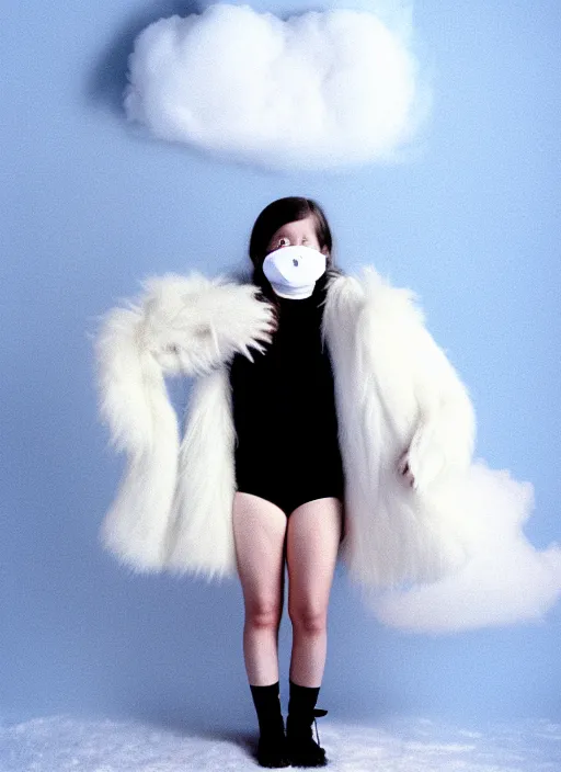 Image similar to realistic photo portrait of the common girl wearing white shorts, dressed in white long fur coat, face is covered with a blank mask, there is a cloud in the middle 1 9 9 0, life magazine reportage photo