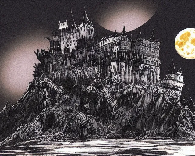 Prompt: dracula's castle rising up from the mist at night silhouetted by a single huge bloodmoon by dc comics and sandra chevrier, stunning, comic, pen and ink, slash page, highly detailed