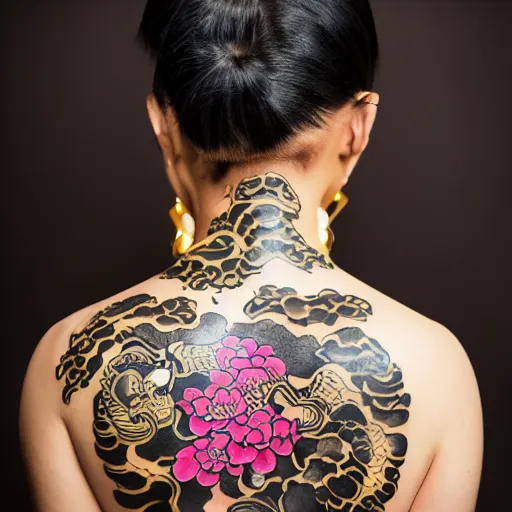 Image similar to photography of the back of a woman with a black detailed irezumi tatto representing a gold tiger with pink flowers on her entire back, mid-shot, editorial photography