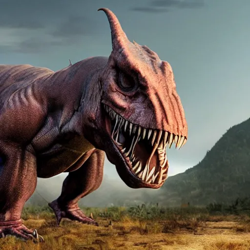 Image similar to A realistic photo of a mixture of Human and Tyrannosaurus, hyper-realistic, 8K HDR.