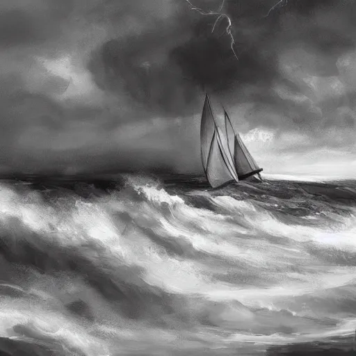 Image similar to sailboat in stormy waters, dark clouds, huge waves, gloomy, overcast, moody atmospheric, storm clouds, lightning illuminating sails, concept art, detailed, artstation award