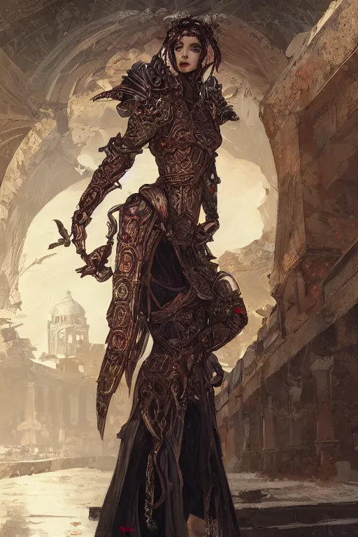 Image similar to portrait knights of Zodiac girl, metallic black and reddish reflected armor, in ruined Agora of Athens, ssci-fi, fantasy, intricate, very very beautiful, elegant, highly detailed, digital painting, artstation, concept art, smooth, sharp focus, illustration, art by tian zi and WLOP and alphonse mucha