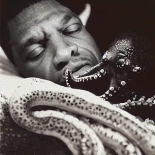 Image similar to john coltrane snuggling an octopus in bed