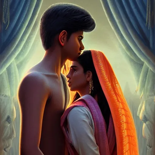 Image similar to perfectly centered movie promotional poster photograph of a young indian guy and a beautiful girl side profile faces symmetrical ; real life portrait, ultra realistic, concept art, intricate details, eerie, highly detailed, photorealistic, octane render, 8 k, unreal engine ; romantic theme, two lovers sharing one heart ; art by artgerm, greg rutkowski, charlie bowater