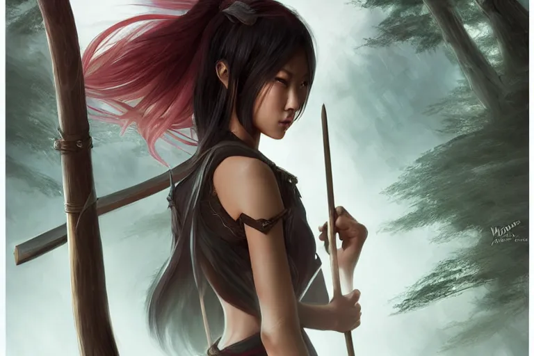 Prompt: beautiful cinematic fantasy poster, asian woman side view using a bokken in forest, wooden sword ; by artgerm ; wayne n reynolds art station ; cinematic quality character render ; high quality ac - h 9 6 0