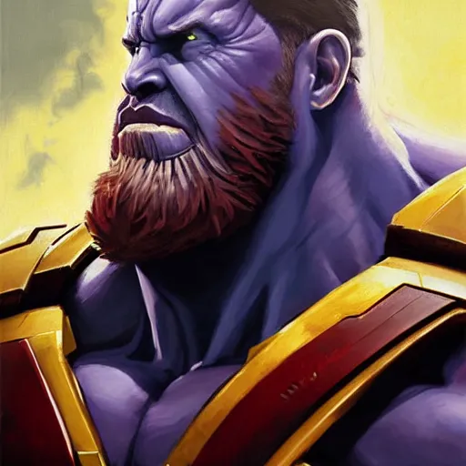 Image similar to greg manchess portrait painting of ryan reynolds as thanos!!! evil, sad! with a ginger cat as overwatch character, medium shot, asymmetrical, profile picture, organic painting, sunny day, matte painting, bold shapes, hard edges, street art, trending on artstation, by huang guangjian and gil elvgren and sachin teng