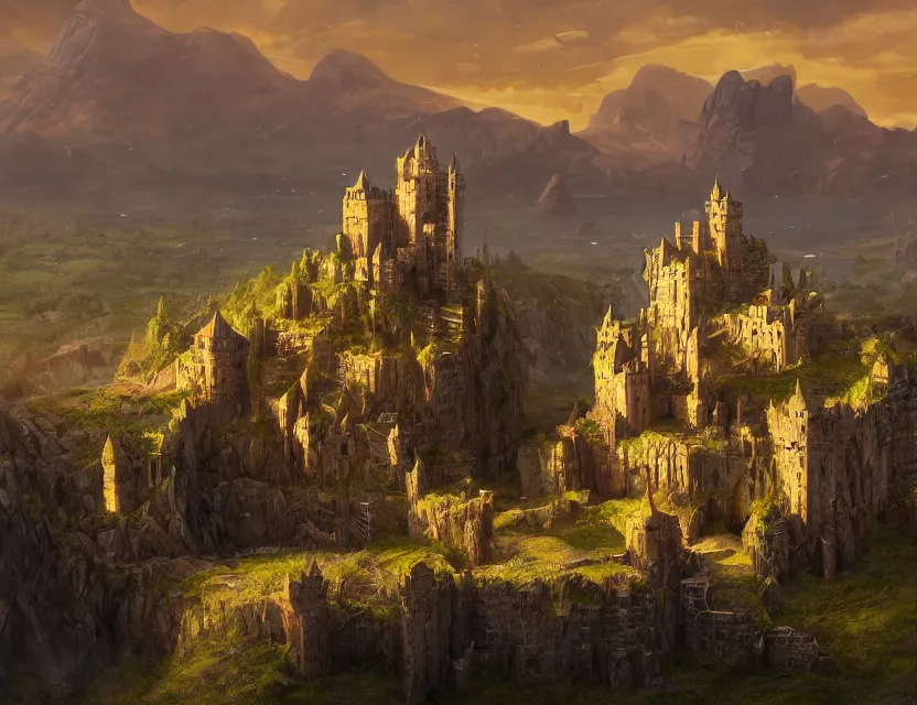 Prompt: Fantasy solitary Castle on a plain, near a river, yellow roofs. Joyful matte painting by Noah Bradley and Craig Mullins, 4k ultra detailed, great composition cinematic.