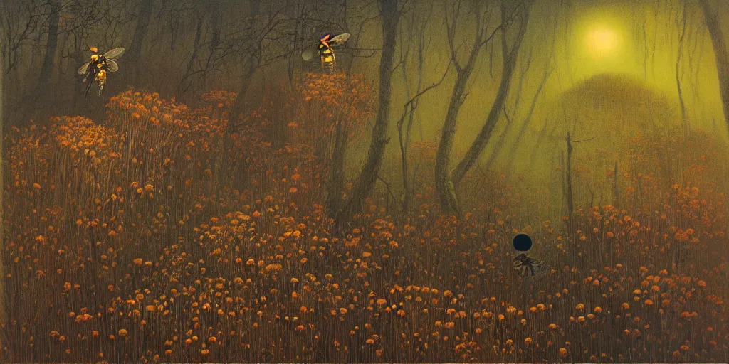 Image similar to painting in style of beksinski featuring a honey bee lost in the forest