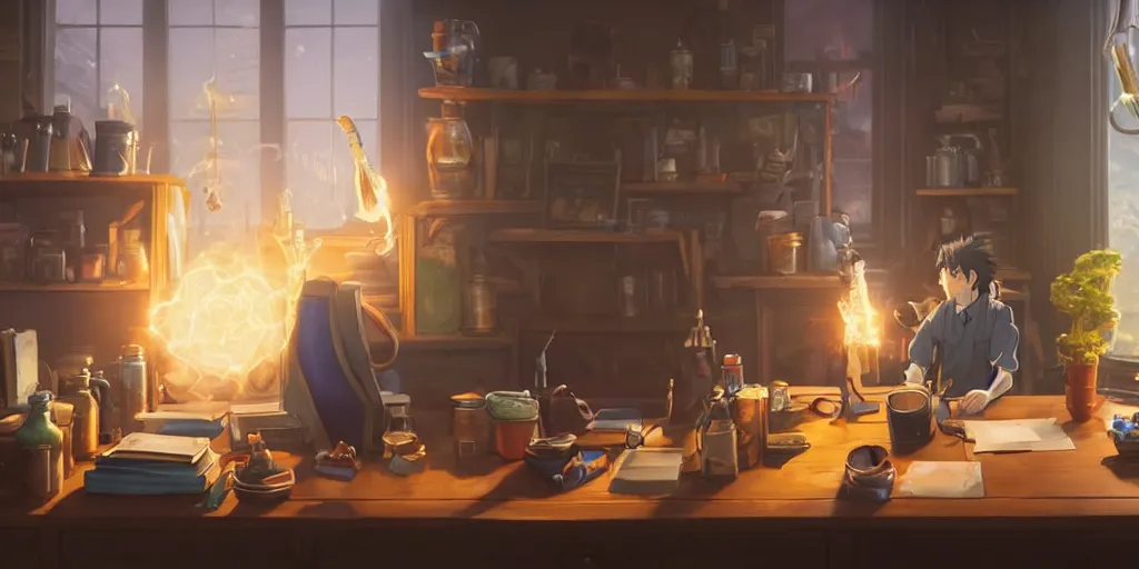 Image similar to a wizard with brown hair is standing at his desk working with jars of liquids, beakers of bubbling potions, coherent, medium shot, waist up, studio ghibli, pixar and disney animation, sharp, rendered in unreal engine 5, anime key art by greg rutkowski, bloom, dramatic lighting