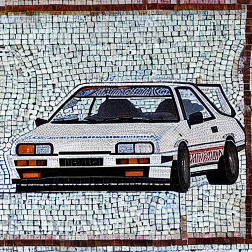 Prompt: Byzantine mosaic of a drifting white Toyota AE86