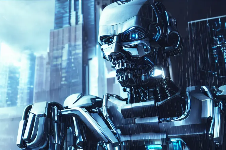 Prompt: cyberpunk the terminator inspired evil robot, futuristic look, highly detailed body, very powerful, photorealistic camera shot, bright studio setting, studio lighting, crisp quality and light reflections, unreal engine 5 quality render