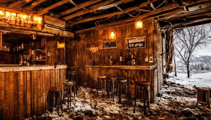 Prompt: abandoned cozy bar in small shack, rustic, warm, outside winter landscape