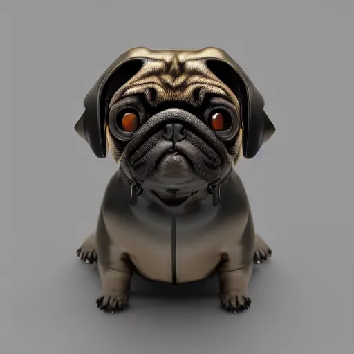 Image similar to 3 d rendered hyper realistic hyper detailed pug wearing a shiny leather gimp mask with zippers covering its face, octane render, blender, 8 k