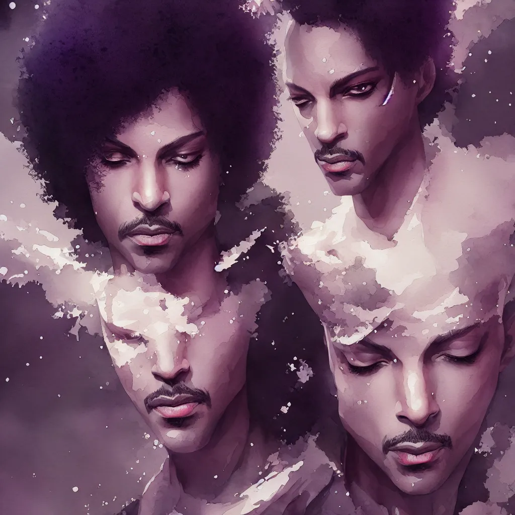 Image similar to beautiful watercolor painting of prince, intricate, elegant, highly detailed, digital painting, artstation, concept art, smooth, sharp focus,, dynamic lighting, ultrarealistic, cinematic, octane render, 8 k