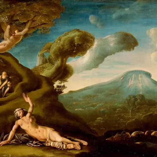 Image similar to a volcano seething, ethereal landscape, elves, fauns, musicians, claude lorrain pastoral landscape