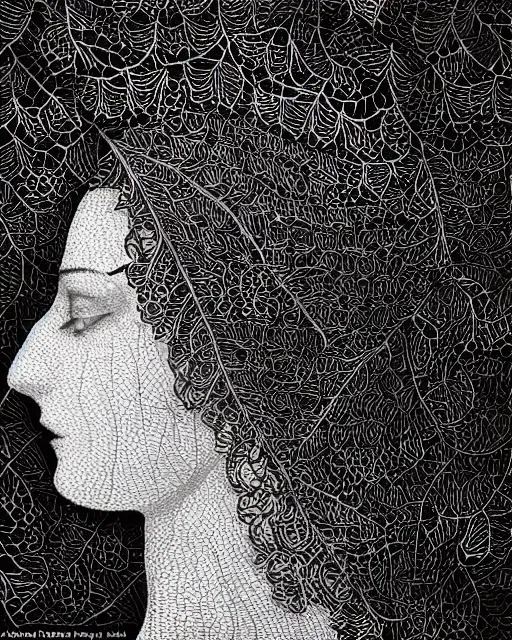 Image similar to a woman's face in profile, made of intricate decorative lace leaves, in the style of banknote illustration