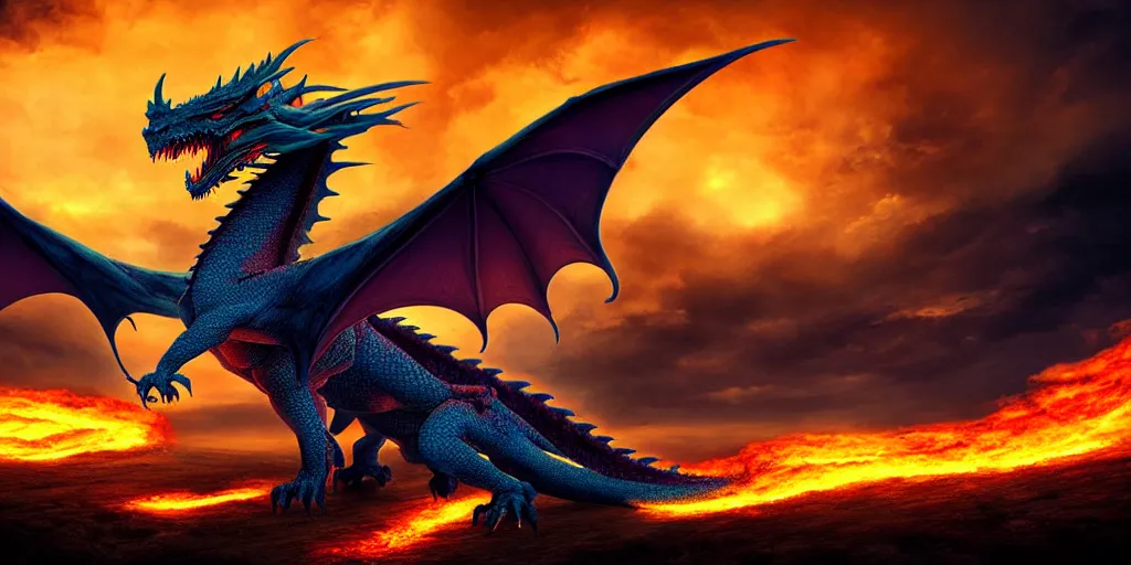 Prompt: landscape image with enormous dragon flying through the sky while breathing fire, extremely detailed digital matte painting, clear skies, night, vibrant, stunning lighting.