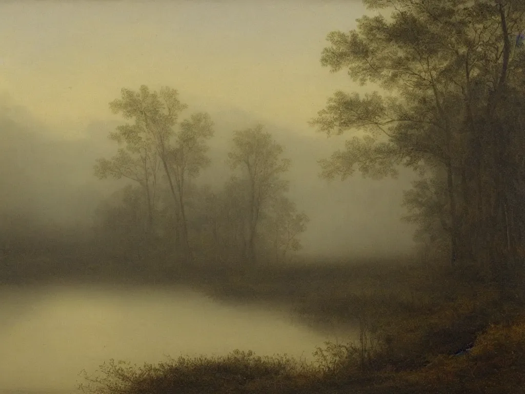 Prompt: dangerous swamp, corduroy road, fog, hudson river school painting, naturalism