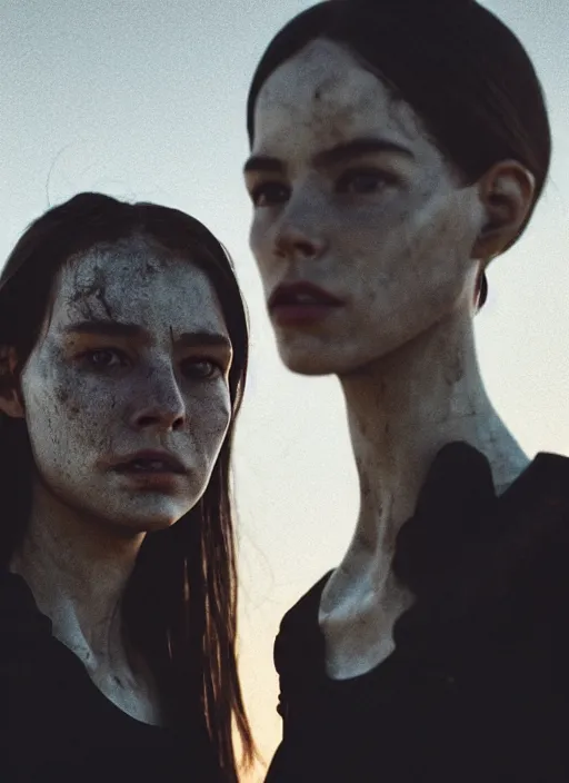 Prompt: cinestill 5 0 d photographic portrait of two loving female androids wearing rugged black techwear on a desolate plain with a red topographic sky in front of a brutalist structure, extreme closeup, cyberpunk style, dust storm, 8 k, hd, high resolution, 3 5 mm, f / 3 2, ultra realistic faces, ex machina