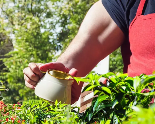 Image similar to mr robert is drinking fresh tea, smoke pot and meditate in a garden from spiral mug, detailed glad face, power arms, golden hour closeup photo, red elegant shirt, eyes wide open, ymmm and that smell