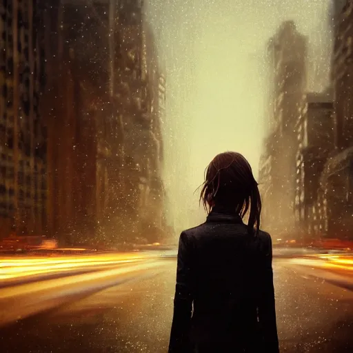 Image similar to detailed intricate digital illustration by greg rutkowski and artgerm and wlop and sanford robinson gifford and annie leibovitz ; girl standing in windy rainy city street, long exposure light streaks from car lights ; 1 3 mm film, cinestill 8 0 0 t, arri alfa anamorphic lens ; sharp focus ; trending on artstation 8 k close view