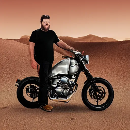 Image similar to a man standing next to a motorcycle in the desert, a jigsaw puzzle by caspar wolf, instagram contest winner, panfuturism, photo taken with ektachrome, behance hd, sense of awe