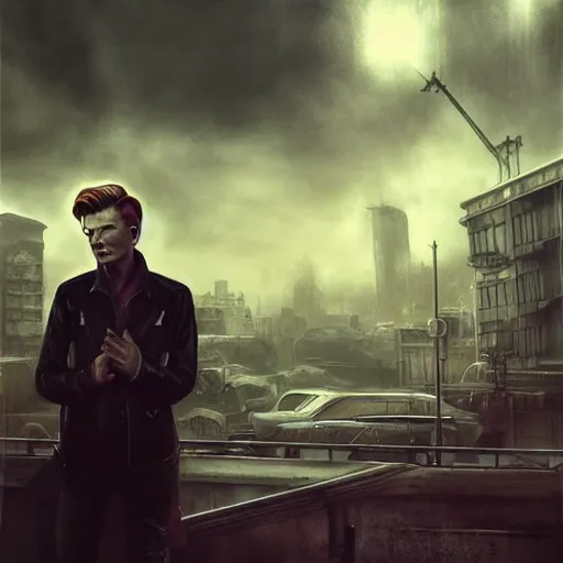 Image similar to fallout 5, charismatic david bowie, portrait, outdoors ruined cityscape, atmospheric lighting, painted, intricate, volumetric lighting, beautiful, daytime, sunny weather, slight overcast, sharp focus, deep colours, ultra detailed, by leesha hannigan, ross tran, thierry doizon, kai carpenter, ignacio fernandez rios