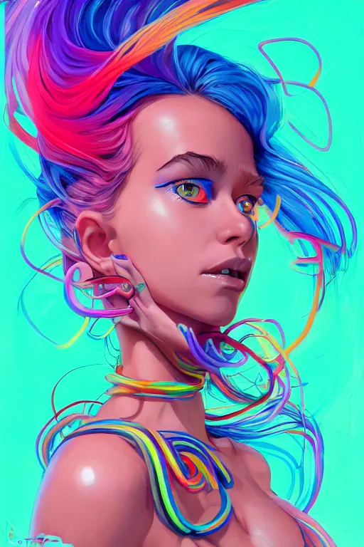 Image similar to a award winning portrait of a beautiful woman with stunning eyes in a one off shoulder croptop and cargo pants with rainbow colored hair, outlined by whirling illuminated neon lines and fine lines swirling in circles by jesper ejsing and rhads and makoto and shinkai and lois van baarle, digital art, trending on artstation