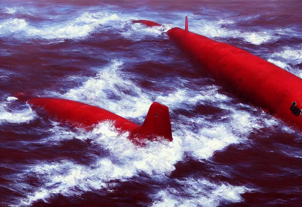 Image similar to realistic oil painting of a submarine in a red ocean!!