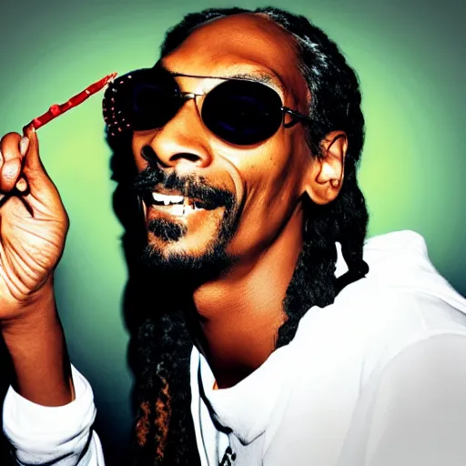 Image similar to Snoop Dog with big eyes eye color red , smiling and holding a joint in his hand