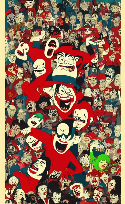 Image similar to horrorcore cel animation poster depicting gory waldo eating the deceased power puff girls, intricate faces, metropolis, 1 9 5 0 s movie poster, post - processing, vector art