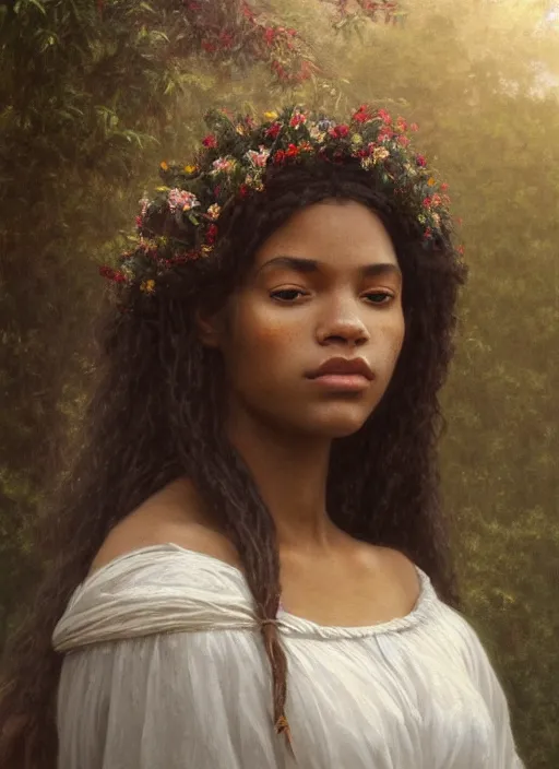 Image similar to oil painting close up portrait of a contemplative young black woman with long dark flowing hair in a white dress, wearing a crown of wildflowers!! at sunset, hazy, digital art, chiaroscuro, artstation, cinematic, golden hour, digital art painting by greg rutkowski, william - adolphe bouguereau, hazy atmosphere, cinematic lighting