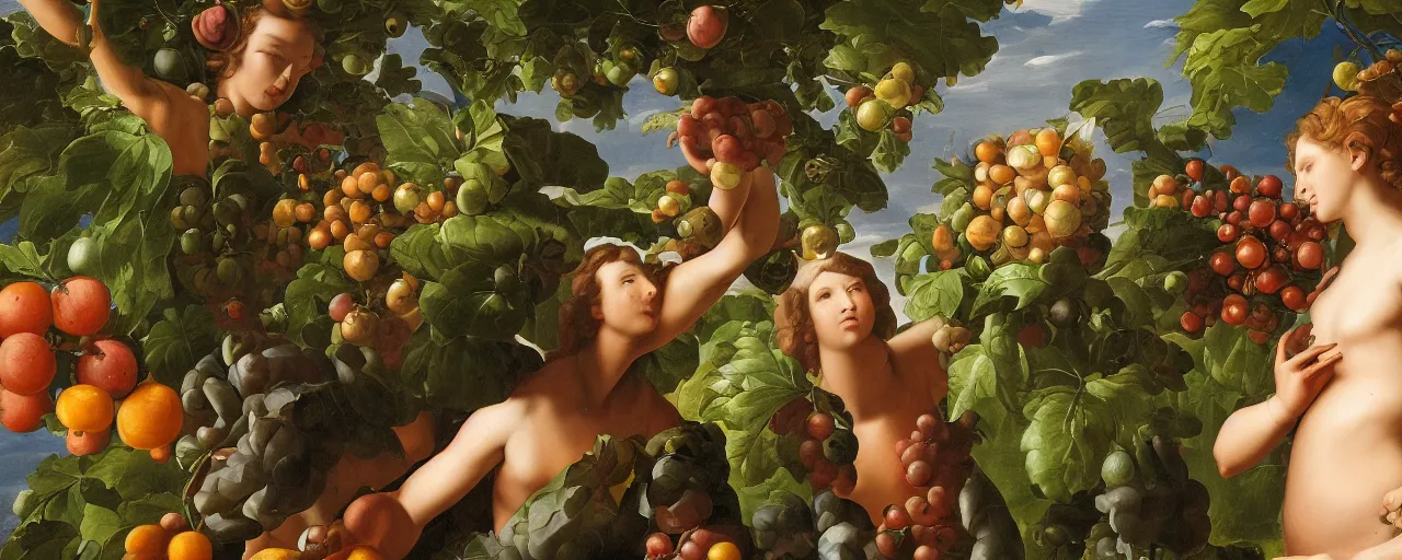 Image similar to cyborg and human, garden with fruits on trees, closeup, ultra detailed, Guido Reni style