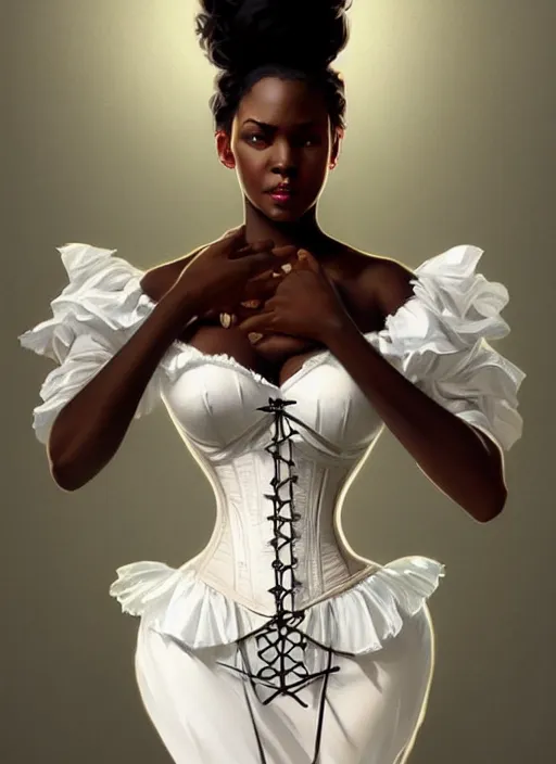 Image similar to cute black woman wearing a white corset dress, fantasy, intricate, highly detailed, digital painting, artstation, concept art, wallpaper, smooth, sharp focus, illustration, art by artgerm and greg rutkowski and alphonse mucha