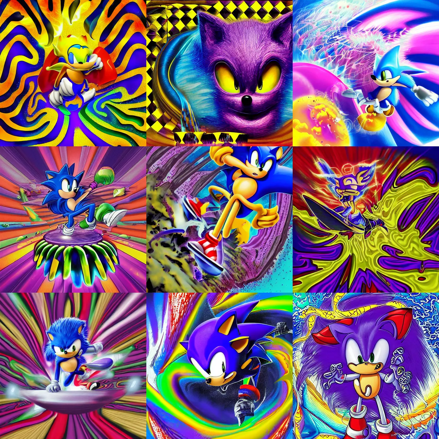 Prompt: surreal, sharp, detailed professional, high quality portrait sonic airbrush art MGMT album cover portrait of a liquid dissolving LSD DMT sonic the hedgehog surfing through cyberspace, purple checkerboard background, 1990s 1992 Sega Genesis video game album cover