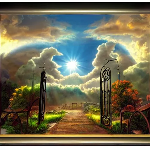 Image similar to the gates of heaven with incredible clouds and light, very detailed