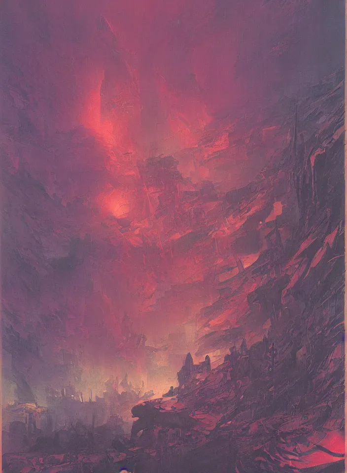 Image similar to the blind liberty of the few, red and purple palette, volume light, fog, by hiroshi yoshida by ( h. r. giger ) and paul lehr