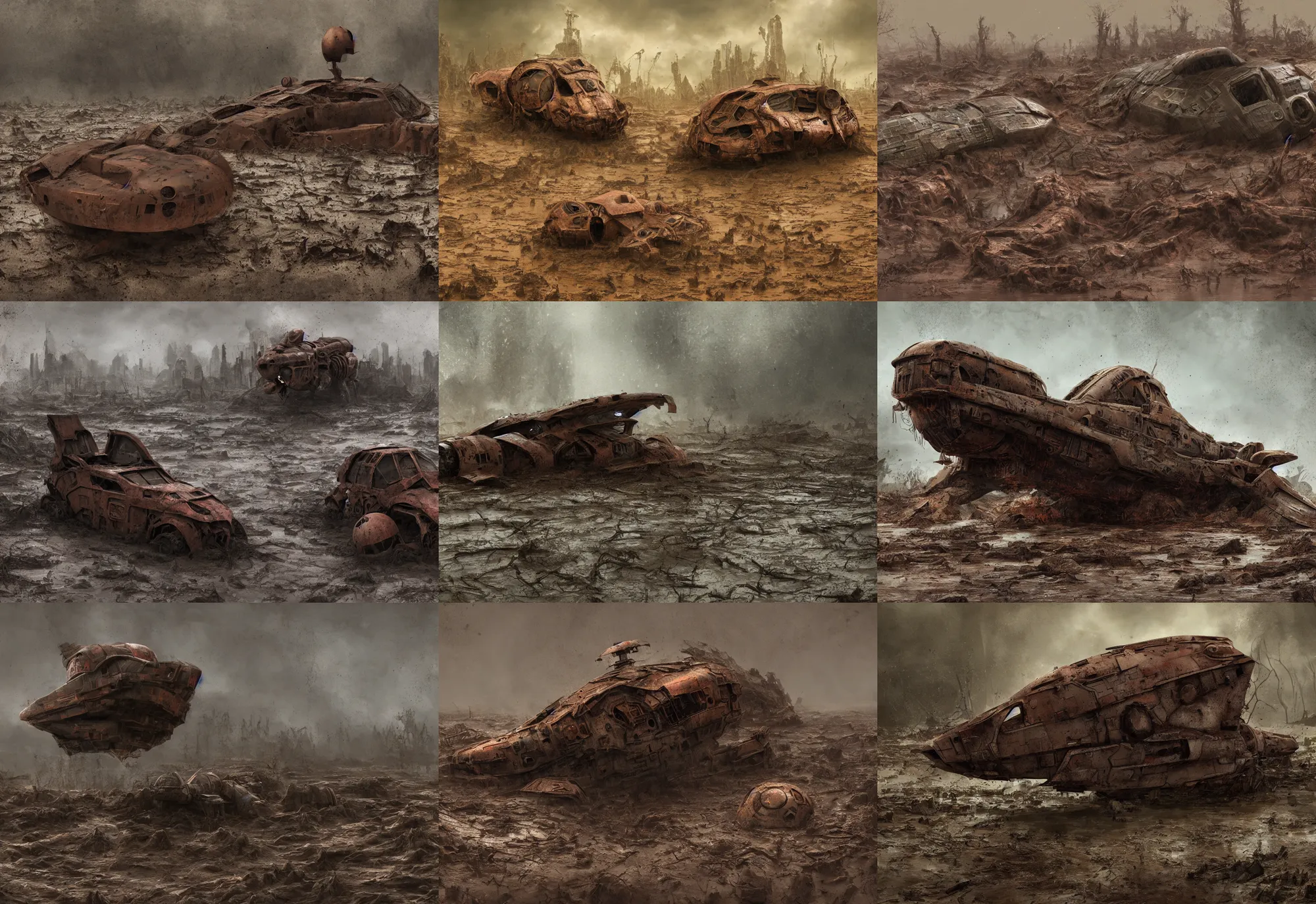 Prompt: matte painting of a crashed rusted cute alien scout ship covered in mud in a extremely muddy swamp, dystopian world, 4 k