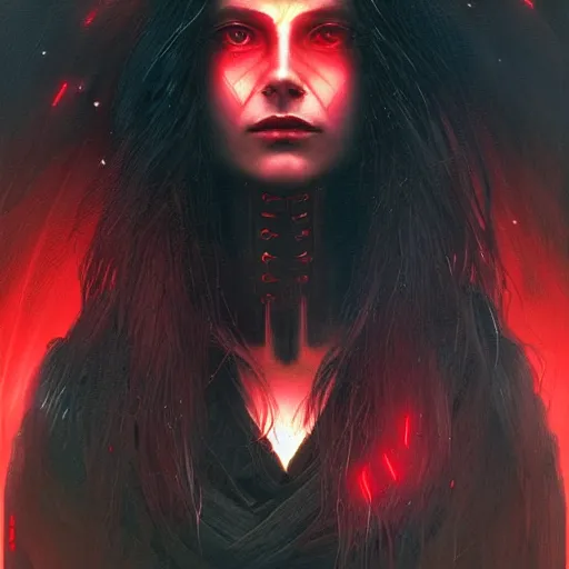 Image similar to Portrait of a dark witch using technology, dystopian, dark filaments, red glowing eyes, menacing, intimidating, frightening, intricate, headshot, highly detailed, digital painting, artstation, concept art, sharp focus, cinematic lighting, illustration, art by artgerm and greg rutkowski, alphonse mucha, cgsociety