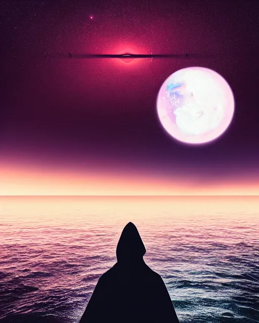 Image similar to a person wearing a white cloak standing in the water. a large planet is overhead. an album cover by stanley twardowicz, trending on cg society, retrofuturism, retrowave, chillwave, synthwave