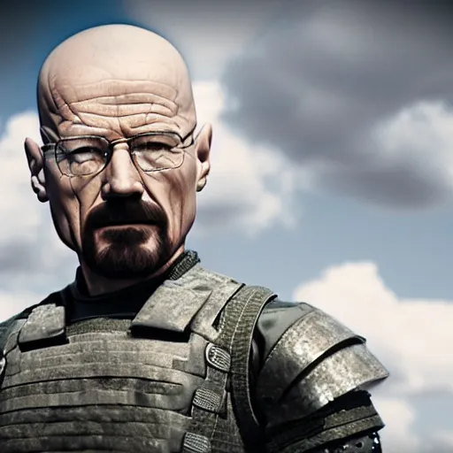 Image similar to Walter White wearing heavy military armor with a shield, highly detailed, 8k octane render