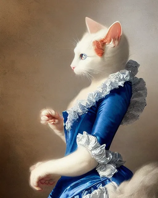 Image similar to cute white cat with blue eyes wearing a frilly blue silk dress, baroque rococo fashion, joseph ducreux, greg rutkowski, royal portrait, luxurious, opulent, regal