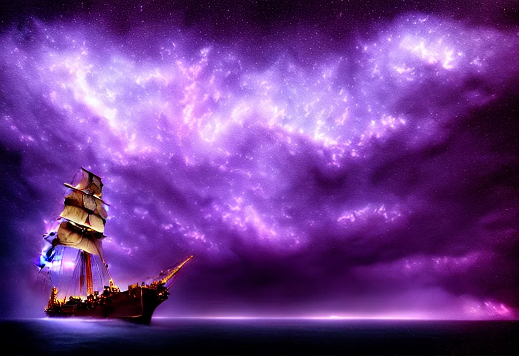 Image similar to purple color lighting storm with stormy sea close up of a pirate ship firing its cannons trippy nebula sky with dramatic clouds painting by banksy Photorealism