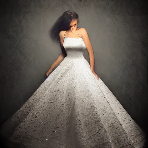 Image similar to beautiful cosmic wedding dress, white background, space print