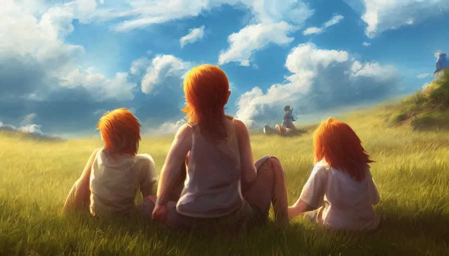 Image similar to back view of kids watching the sun sitting of the hill, clouds in the sky, hyperdetailed, artstation, cgsociety, 8 k