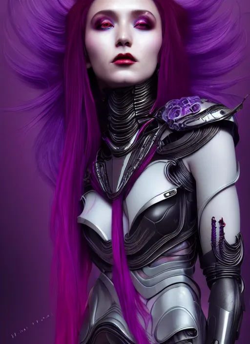 Image similar to a photorealistic detailed image of a beautiful stoic vampire in sci - fi bionic armor with purple hair, black and red, intricate, elegant, highly detailed, digital painting, artstation, concept art, smooth, sharp focus, illustration, art by hana yata, artem demura, alphonse mucha, octane render, unreal engine, 8 k
