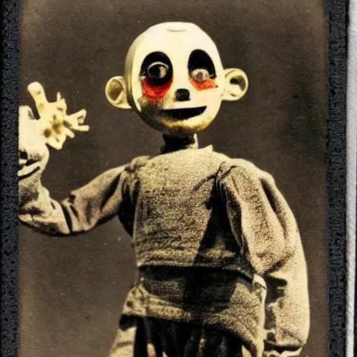 Prompt: creepy marionette puppet, clockwork horror, pediophobia, lost photograph, forgotten, final photo found before disaster, polaroid,