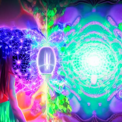 Image similar to full body character + beautiful female neopunk wizard opening a portal to the sidereal multiverse, mandelbrot neuro web, intricate galaxy inlay + ultra high detail, plasma neon internal glow, precise, consciousness projection, astral projection, laser sharp, octane render + unreal render + photo real, 8 k, volumetric lighting high contrast